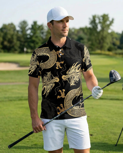 Gold Dragon 3D Polo Shirt for Men, Black Asian Fantasy Art Style | Azhawaiian