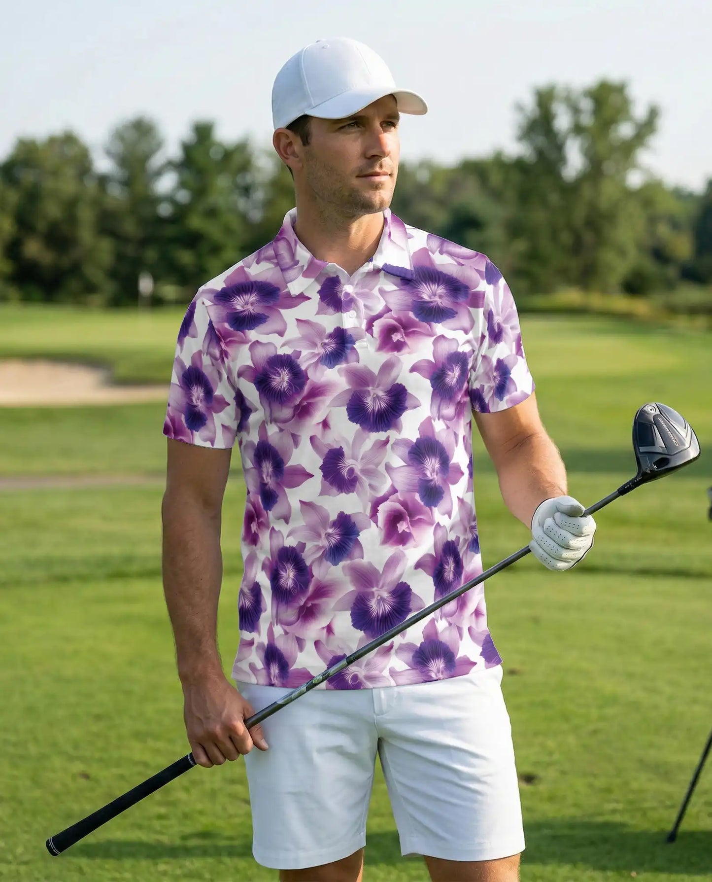 Purple Orchid Floral Polo Shirt for Men-Tropical Flower Botanical Summer | Azhawaiian