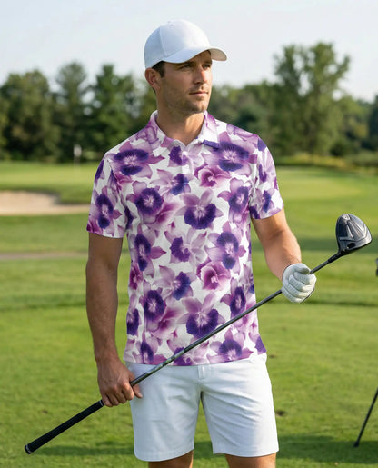 Purple Orchid Floral Polo Shirt for Men-Tropical Flower Botanical Summer | Azhawaiian