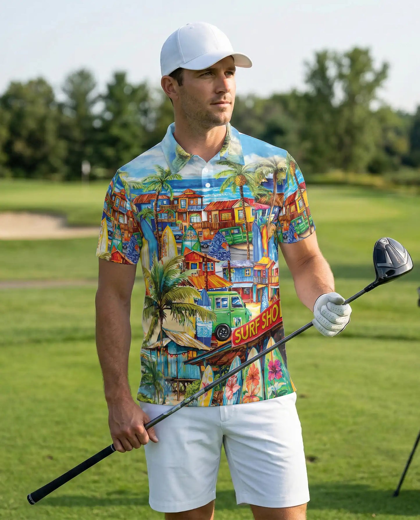 Tropical Surf Town 3D Polo Shirt for Men, Colorful Beach Vacation Style | Azhawaiian