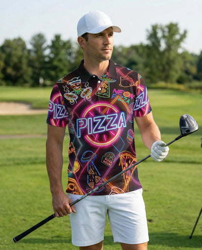 Neon Pizza Party 3D Polo Shirt for Men, Funny Retro Food Lover Style | Azhawaiian