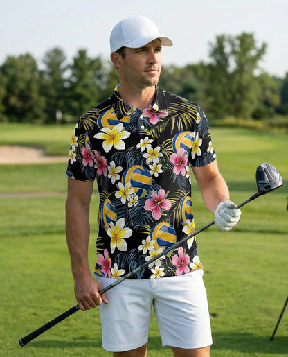 Tropical Volleyball 3D Polo Shirt for Men, Floral Beach Sports Style | Azhawaiian