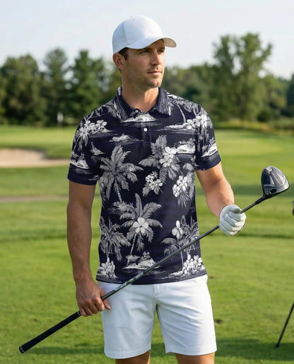 Tropical Island Polo Shirt, Monochrome Palm Print | Azhawaiian