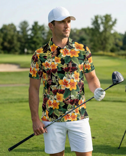 Tropical Wine Floral 3D Polo Shirt for Men, Elegant Hawaiian Party Style | Azhawaiian