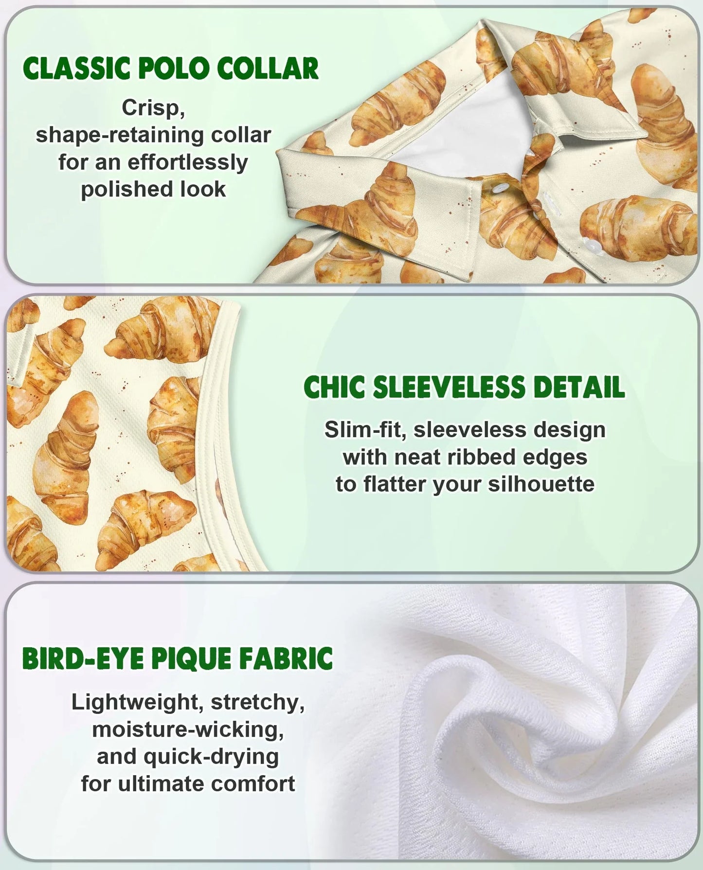 Croissant Pattern Sleeveless Polo Shirt for Women, Cute Bakery Food Style | Azhawaiian