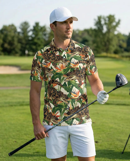 Alligator Hawaiian 3D Polo Shirt for Men, Tropical Crocodile Jungle Style | Azhawaiian