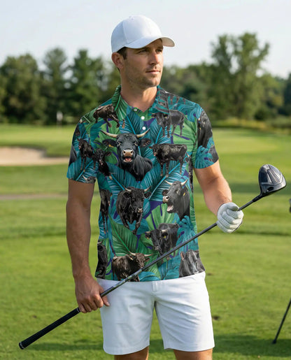 Tropical Black Bull Polo Shirt - Ranch Cattle Island Style | Azhawaiian