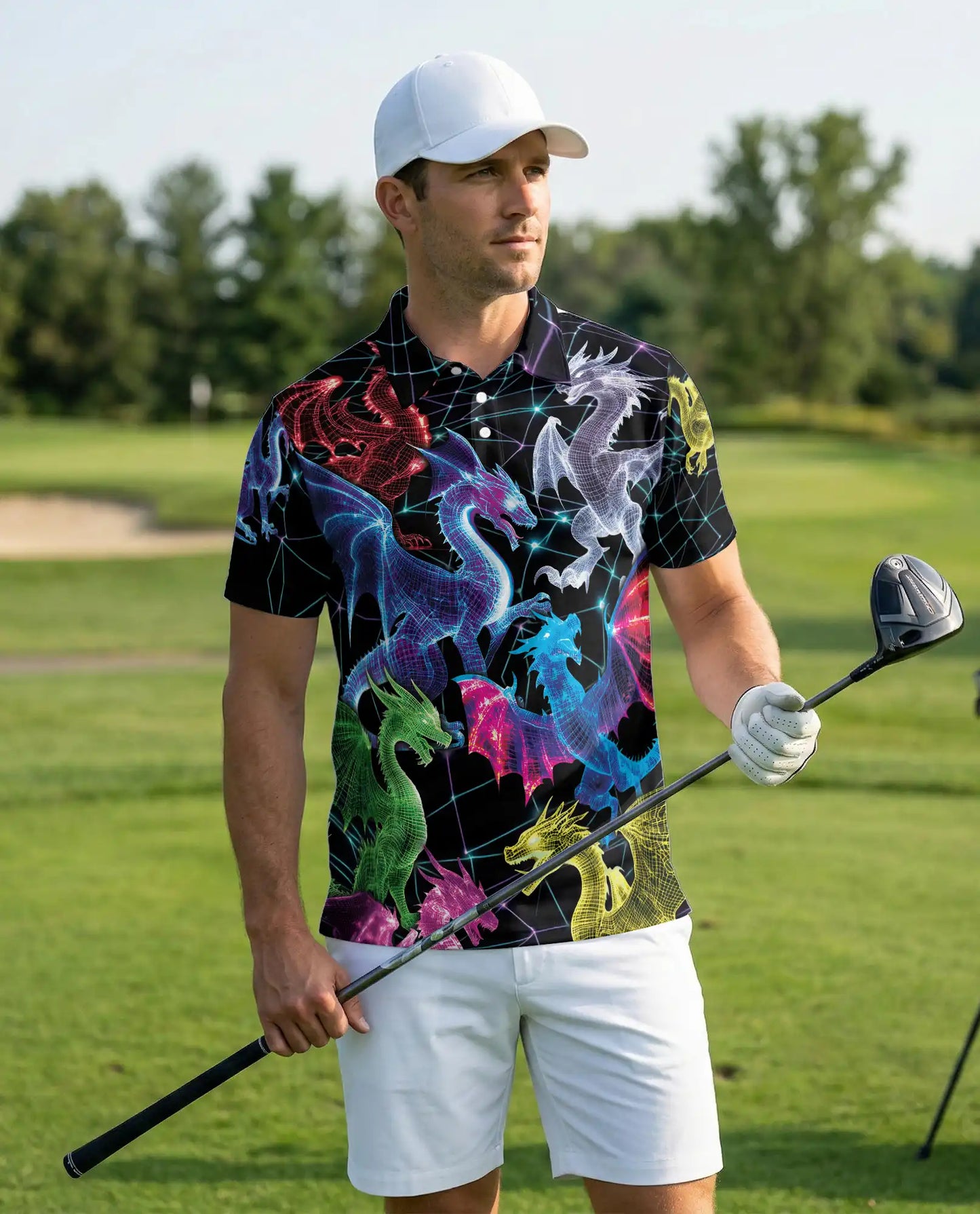 Neon Cyber Dragon 3D Polo Shirt for Men, Futuristic Fantasy Creature Style | Azhawaiian