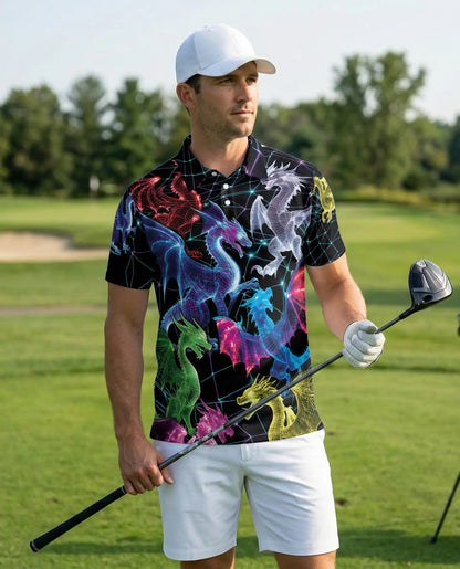 Neon Cyber Dragon 3D Polo Shirt for Men, Futuristic Fantasy Creature Style | Azhawaiian