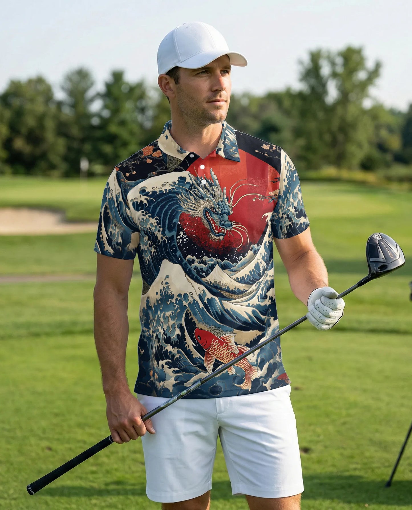 Dragon Wave 3D Polo Shirt for Men, Japanese Koi Ocean Style | Azhawaiian
