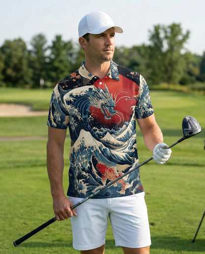 Dragon Wave 3D Polo Shirt for Men, Japanese Koi Ocean Style | Azhawaiian
