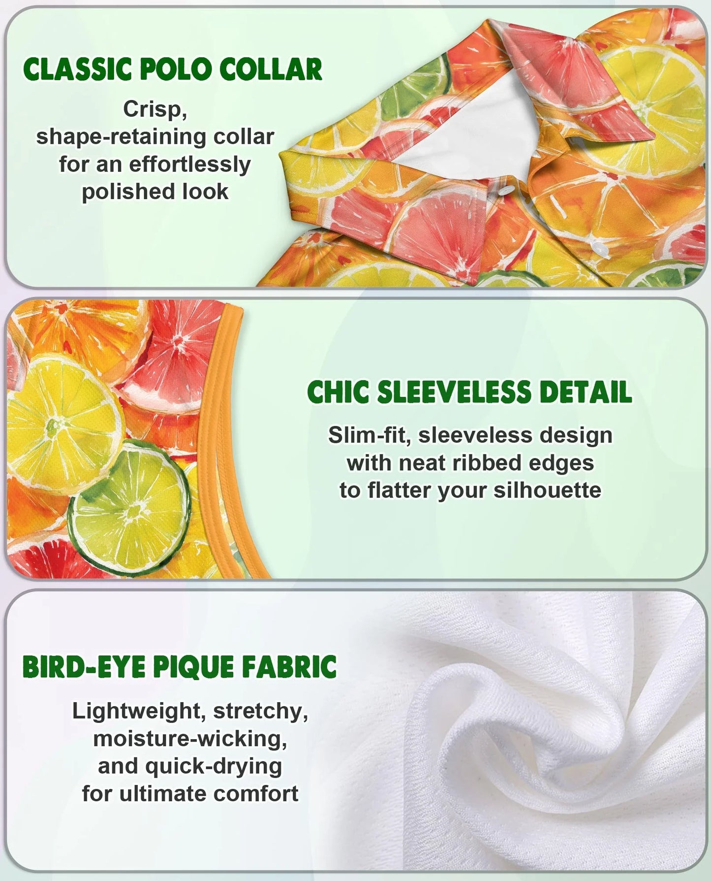 Citrus Fruits Pattern Sleeveless Polo Shirt for Women, Fresh Summer Style | Azhawaiian