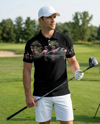 Pink Flamingo Tropical Paradise Polo Shirt for Men-Beach Summer Shirt | Azhawaiian