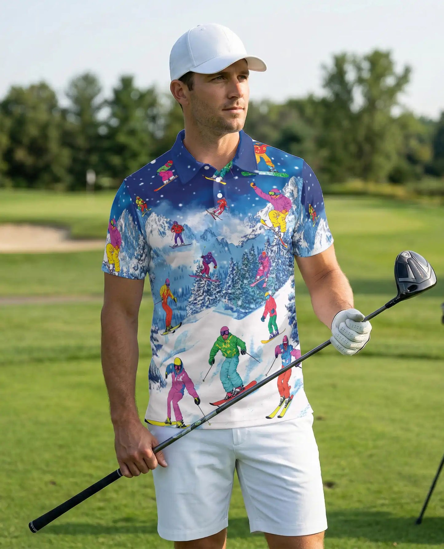 Colorful Skiing 3D Polo Shirt for Men, Winter Mountain Sports Style | Azhawaiian