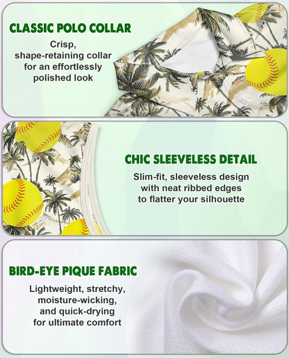 Tropical Palm Tree And Softball Sleeveless Polo Shirt for Women | Azhawaiian