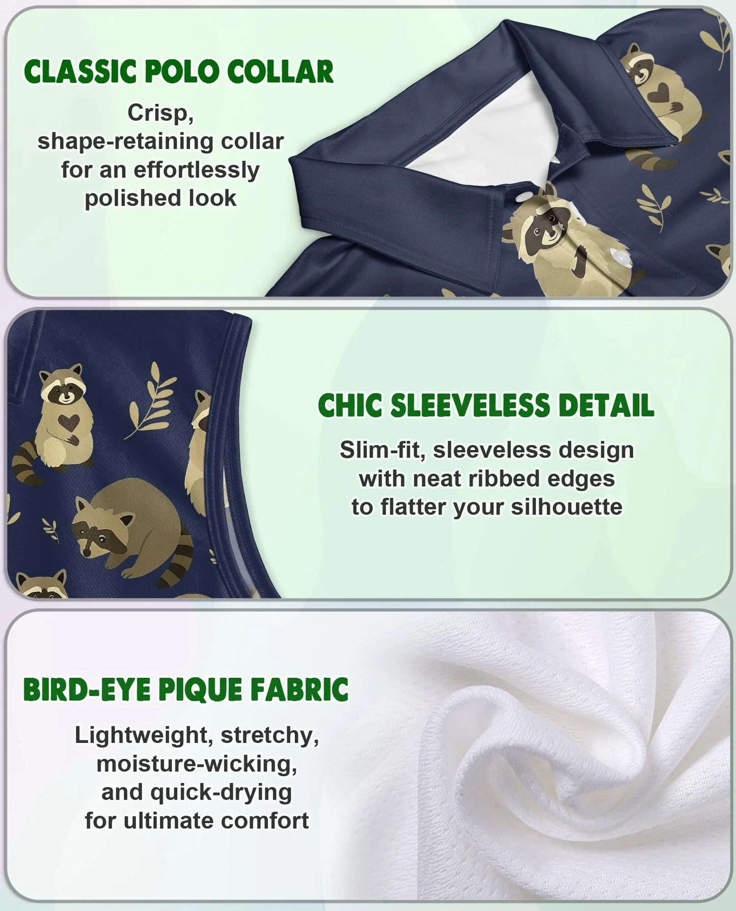 Raccoon Pattern Sleeveless Polo Shirt for Women, Cute Wildlife Style | Azhawaiian