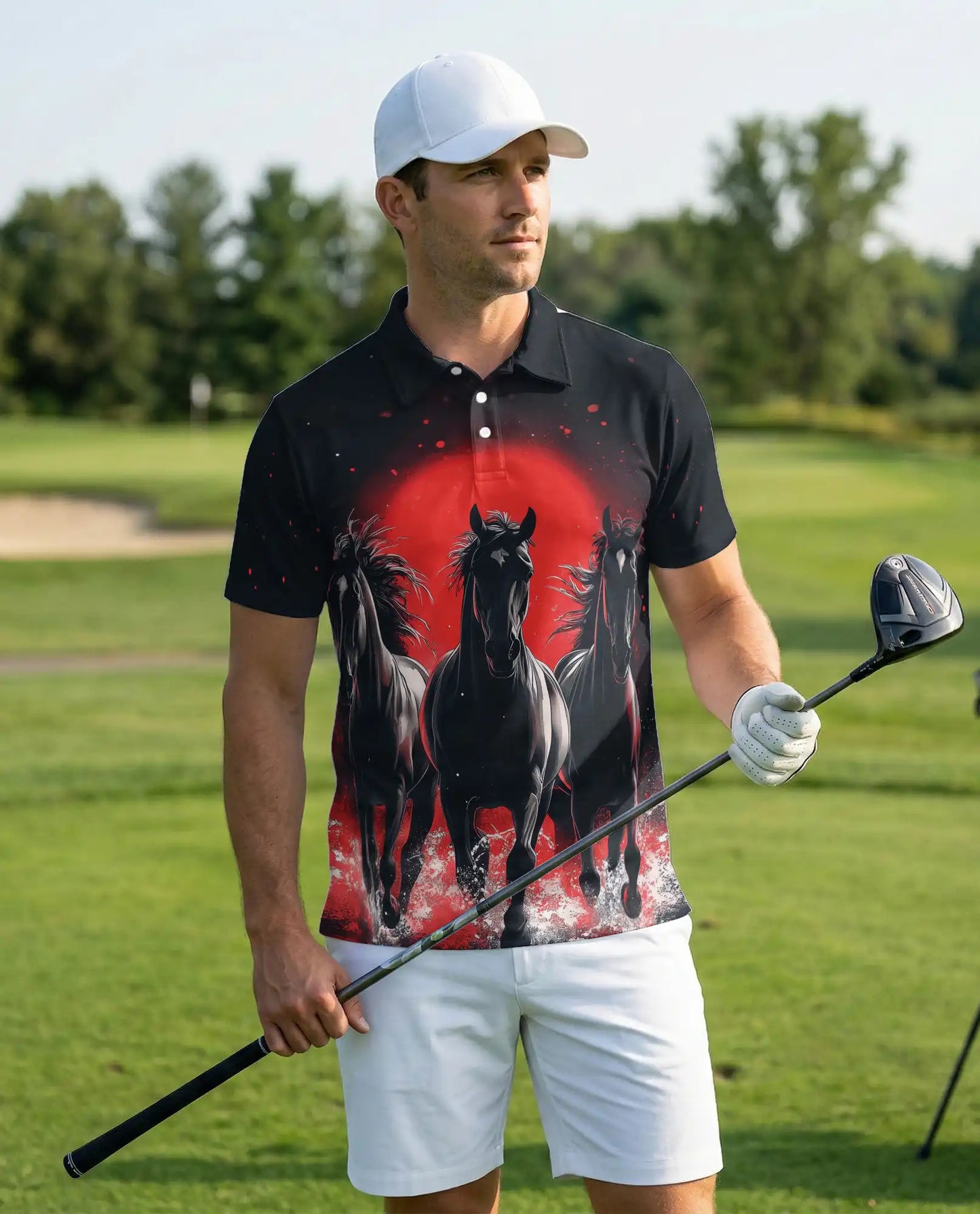 Black Running Horses Polo Shirt - Wild Stallion Midnight Style | Azhawaiian