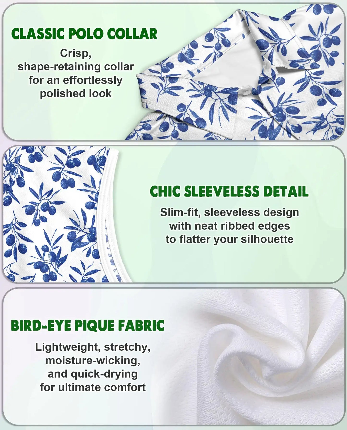 Blue Olive Branch Print Sleeveless Polo Shirt for Women | Azhawaiian