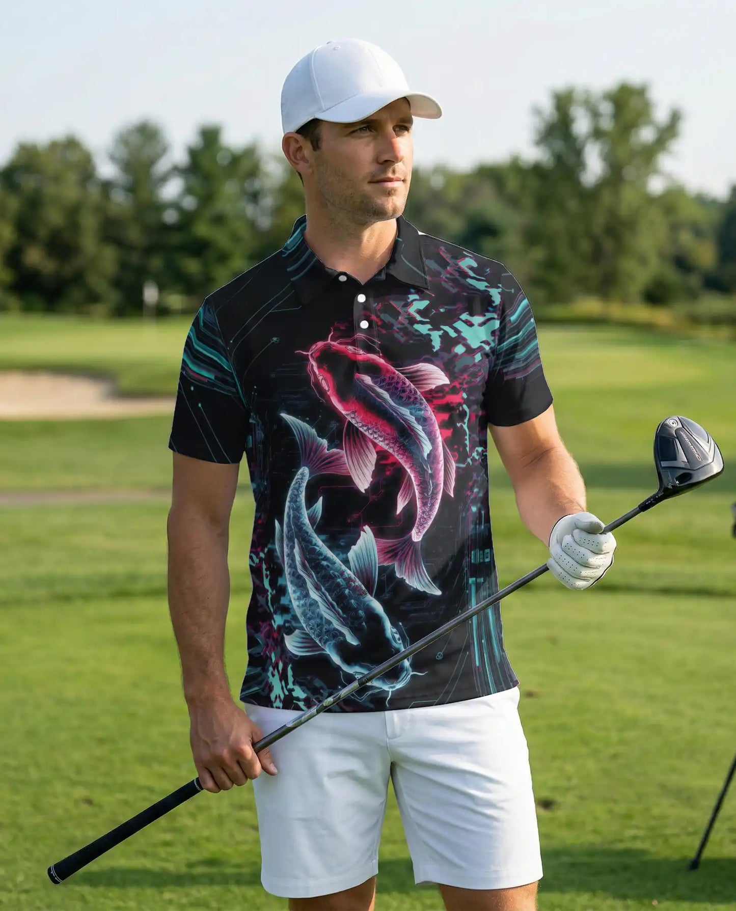 Koi Fish Polo Shirt, Neon Cyberpunk Print | Azhawaiian