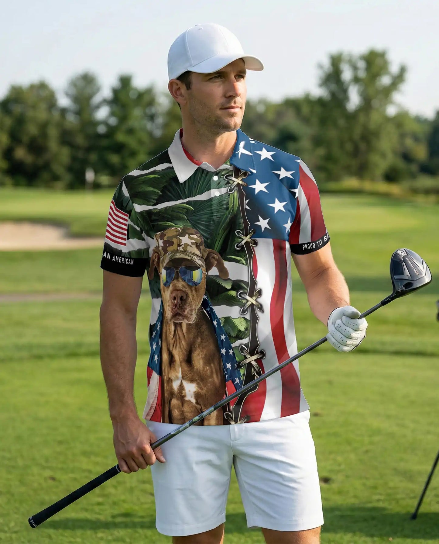 Patriotic Dog Polo Shirt for Men- American Style 4th of July Shirt  | Azhawaiian