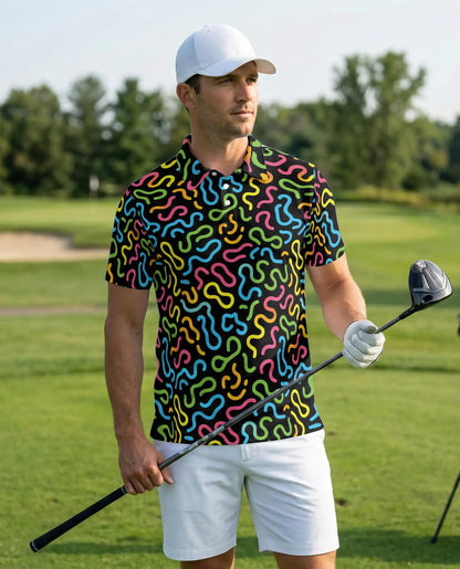 Retro Memphis Pattern Polo Shirt for Men-Colorful Abstract Style | Azhawaiian