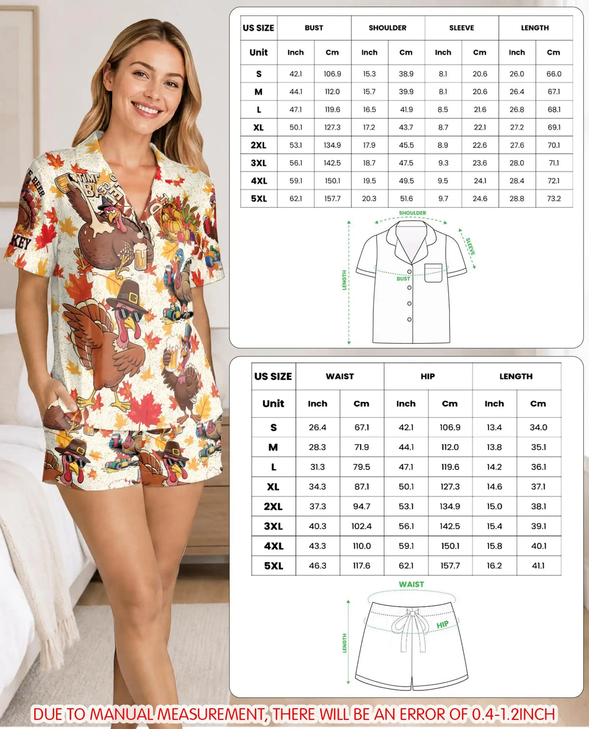 Funny Thanksgiving Turkey Pajama Set for Women – Beer & Fall Print