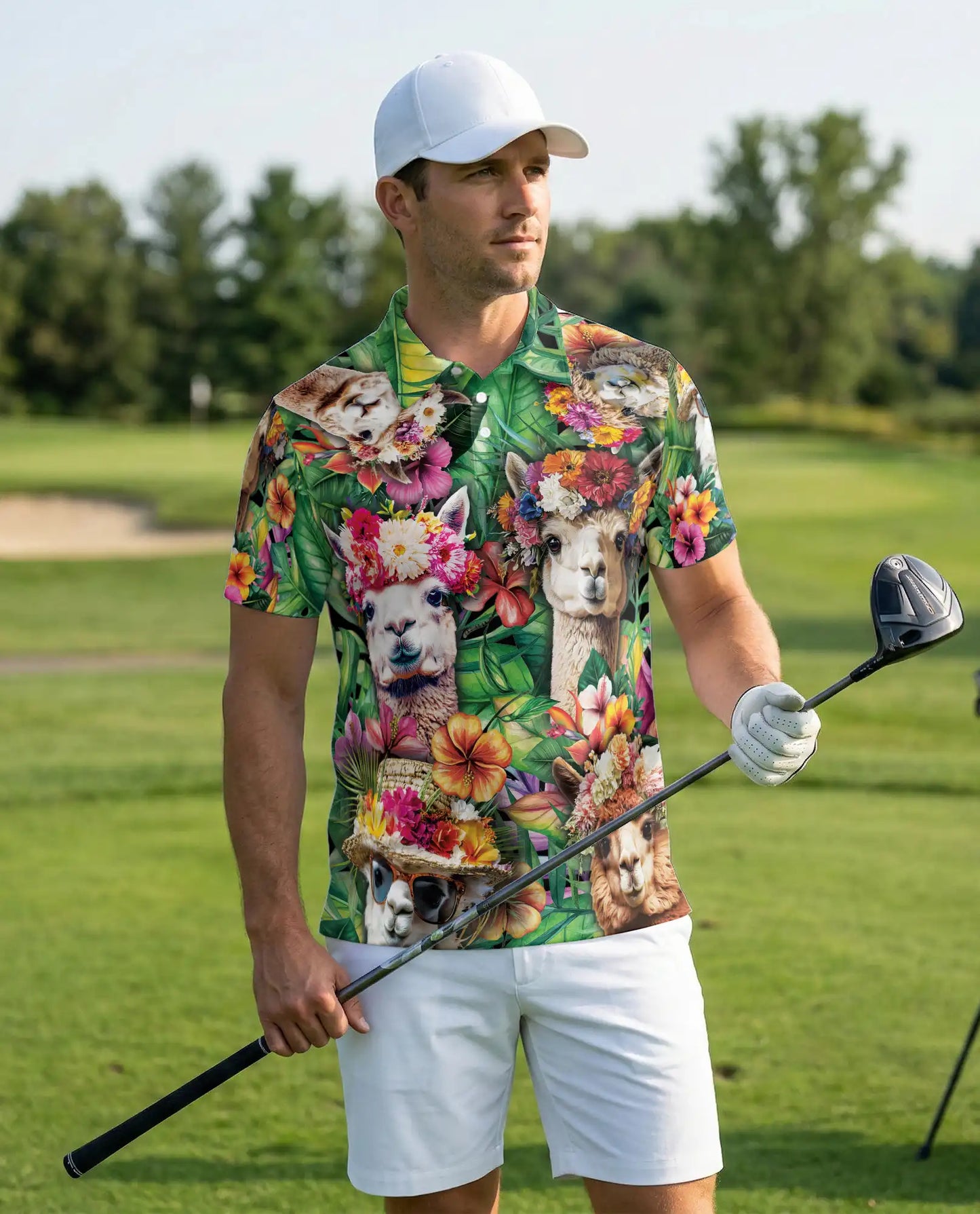 Alpaca Tropical Polo Shirt, Floral Jungle Print | Azhawaiian