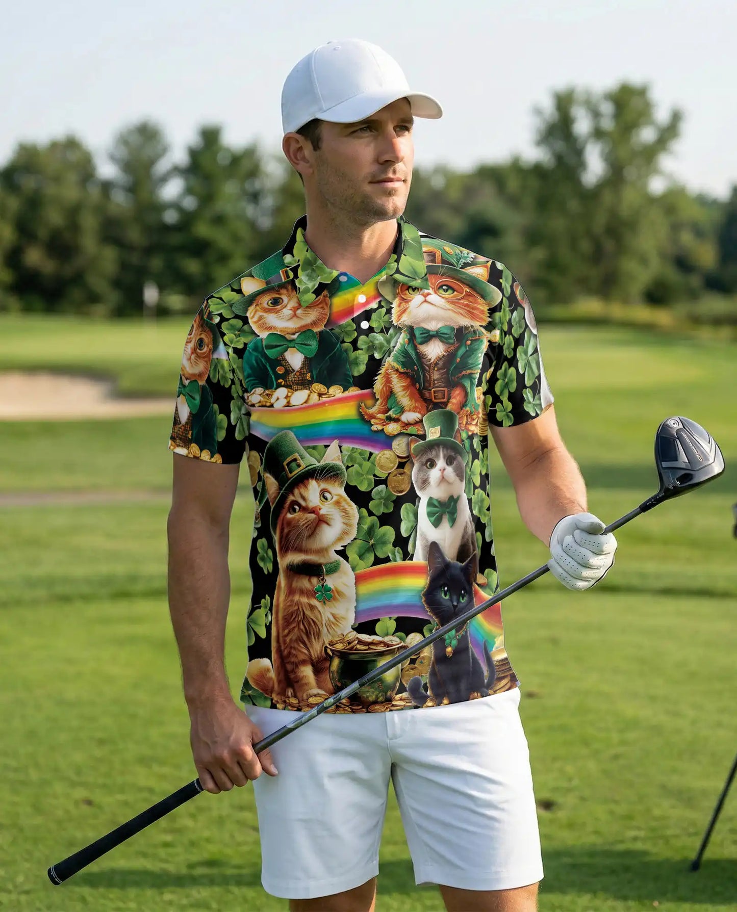 Lucky Cat St Patrick’s Day 3D Polo Shirt for Men, Irish Rainbow Style | Azhawaiian