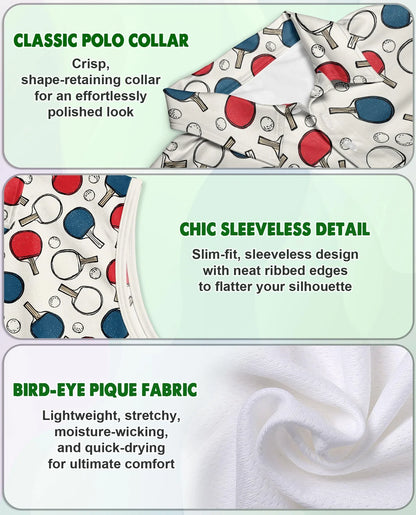 Ping Pong Pattern Sleeveless Polo Shirt for Women | Azhawaiian