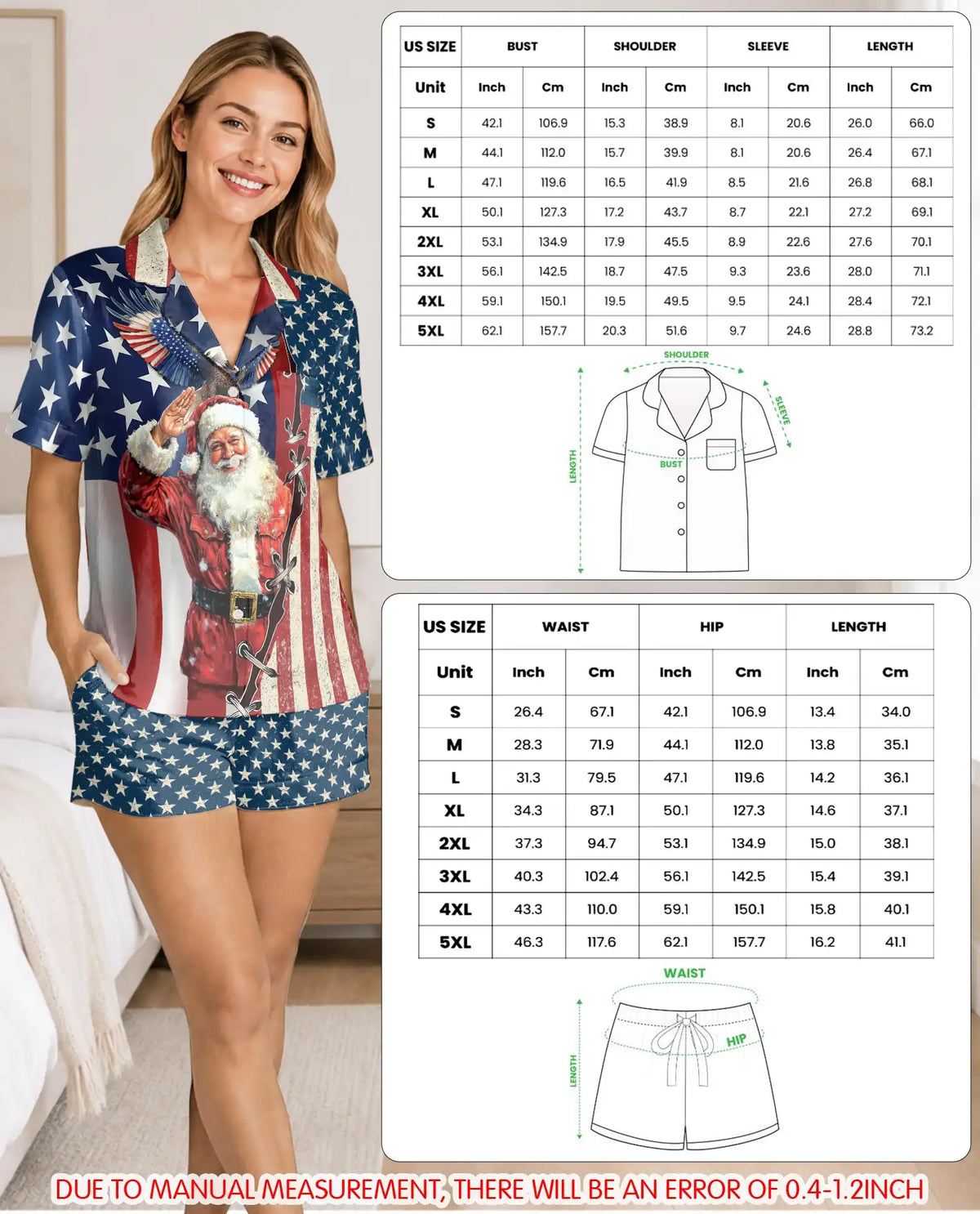 Patriotic Santa Christmas Pajama Set for Women, American Flag Holiday Sleepwear