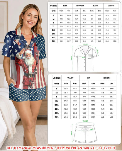Patriotic Santa Christmas Pajama Set for Women, American Flag Holiday Sleepwear
