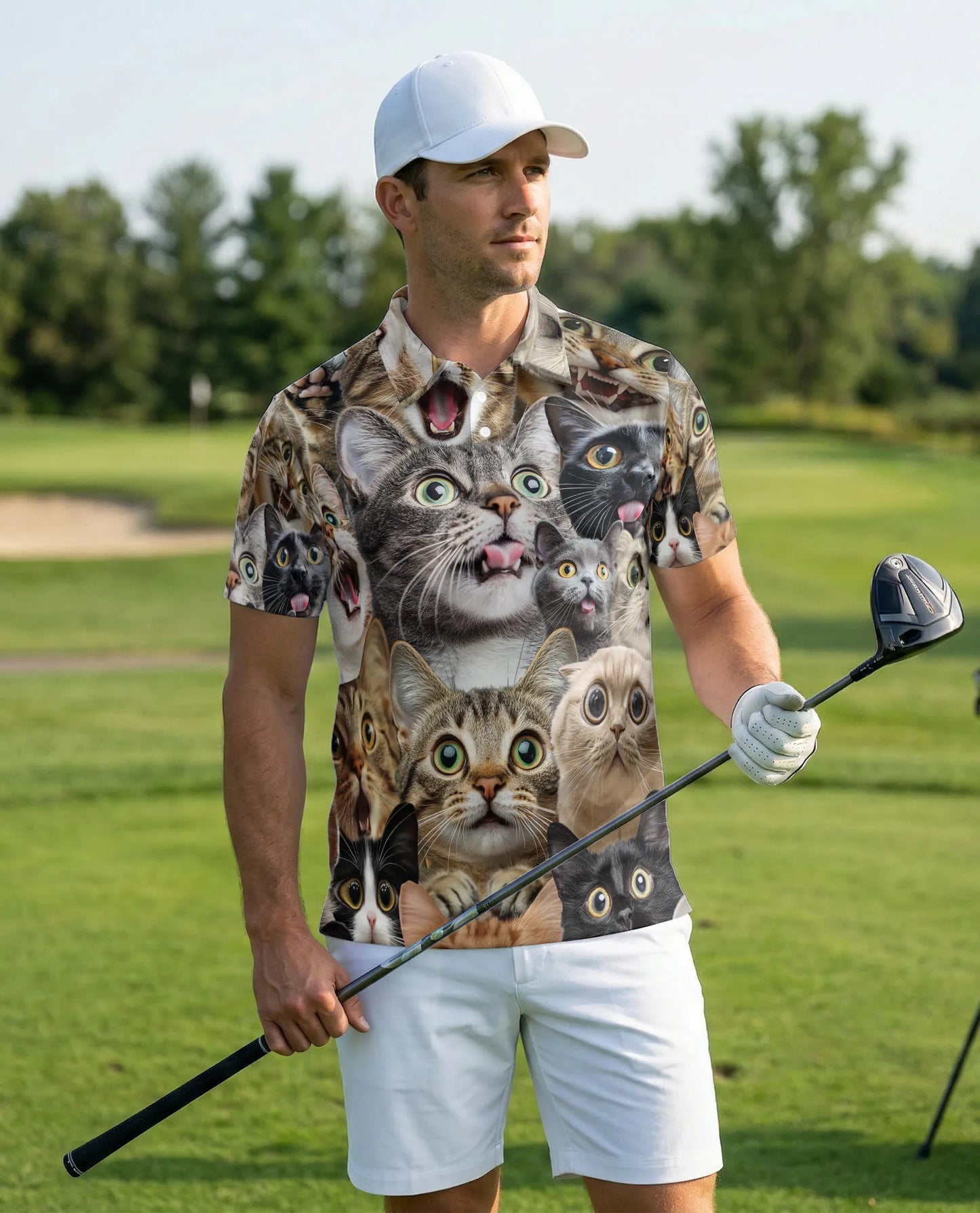 Funny Cat Faces 3D Polo Shirt for Men, Cute Kitty Meme Style | Azhawaiian