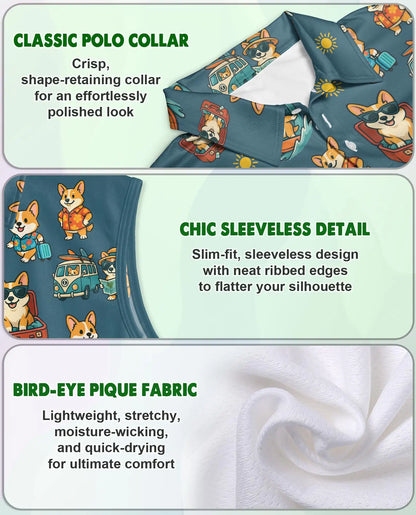 Cute Corgi Vacation Print Sleeveless Polo Shirt for Women | Azhawaiian