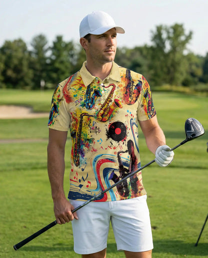 Saxophone Music 3D Polo Shirt for Men, Jazz Retro Art Style | Azhawaiian