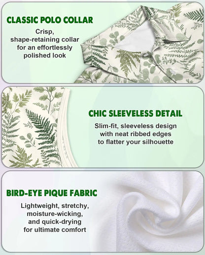 Fern Leaf Pattern Sleeveless Polo Shirt for Women, Botanical Nature Style