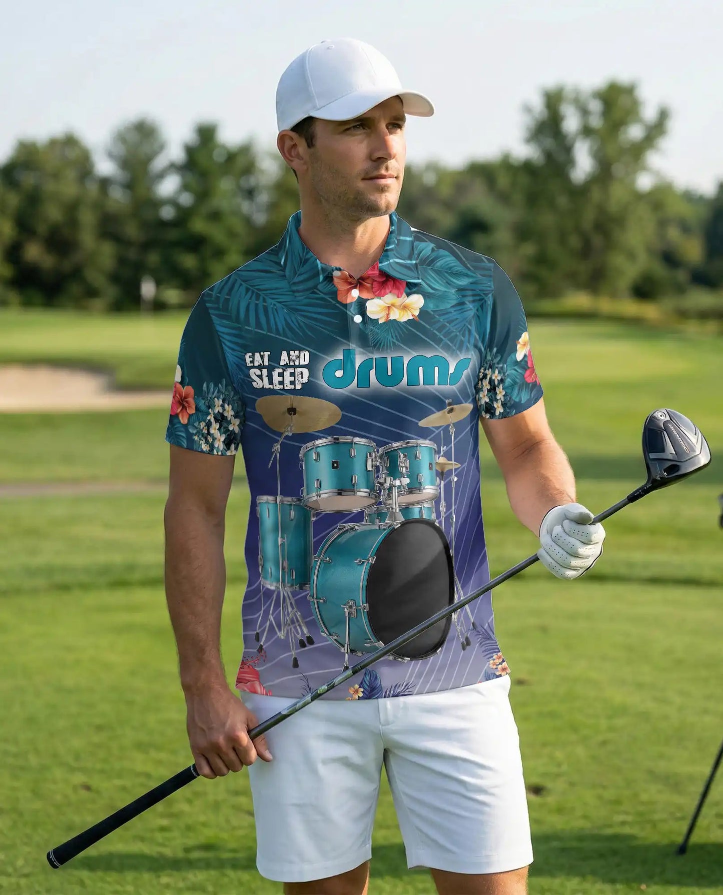 Drummer Polo Shirt, Tropical Drum Set Print | Azhawaiian