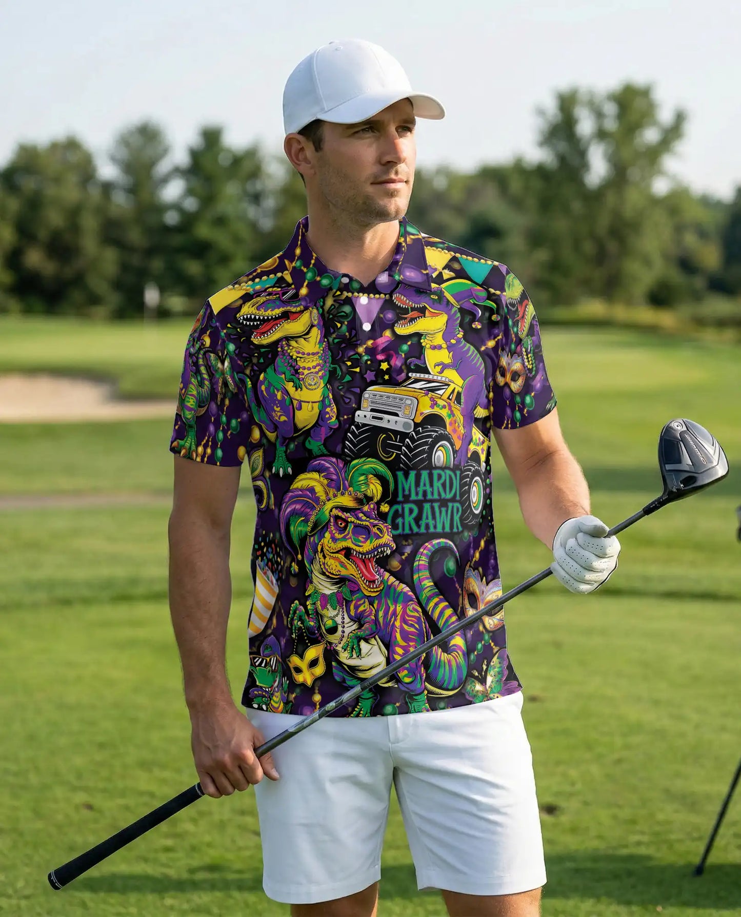 Mardi Grawr Dinosaur Polo Shirt for Men-Funny Mardi Gras T Rex Carnival Party Shirt | Azhawaiian