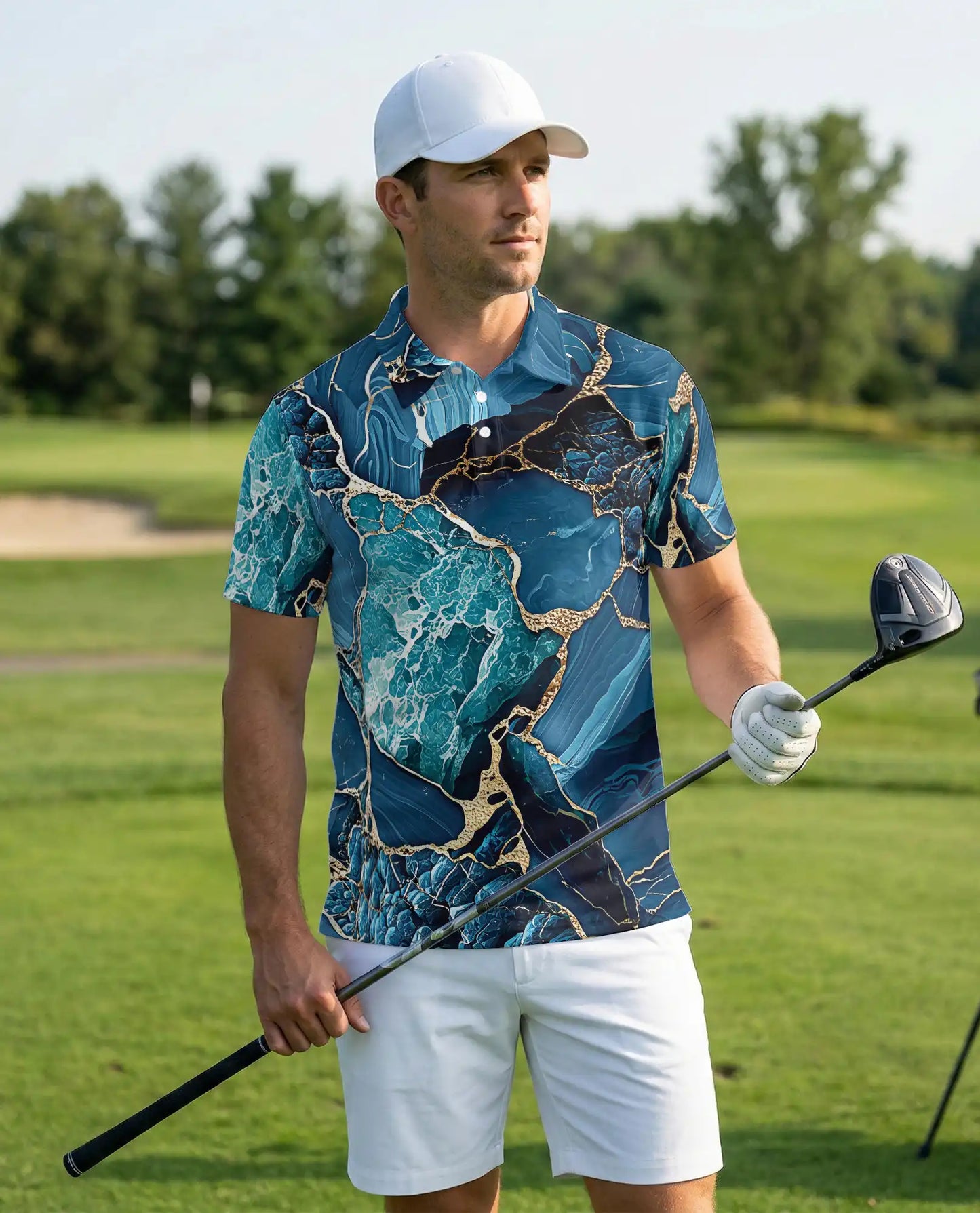 Blue Ocean Marble Polo Shirt for Men-Luxury Abstract Art | Azhawaiian