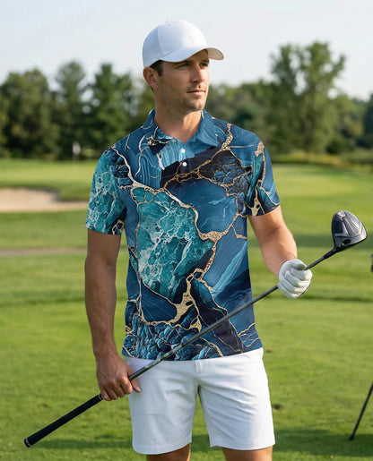 Blue Ocean Marble Polo Shirt for Men-Luxury Abstract Art | Azhawaiian