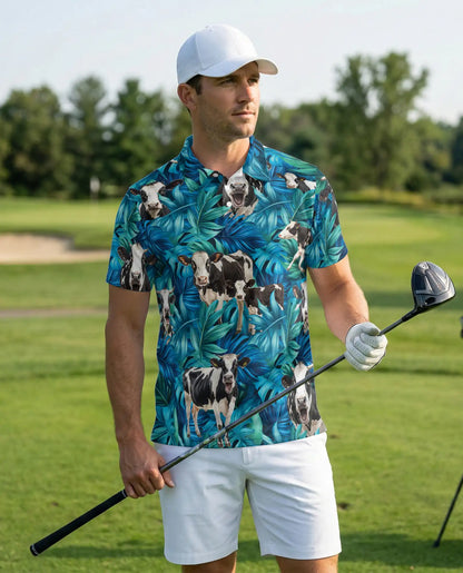 Cow Tropical Leaf 3D Polo Shirt for Men, Farm Animal Hawaiian Style | Azhawaiian