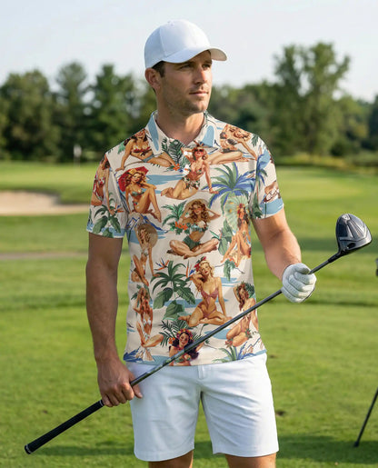 Tropical Pin Up Polo Shirt - Vintage Beach Babe Style | Azhawaiian