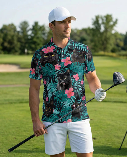 Black Cat Tropical 3D Polo Shirt for Men, Funny Floral Kitty Style | Azhawaiian