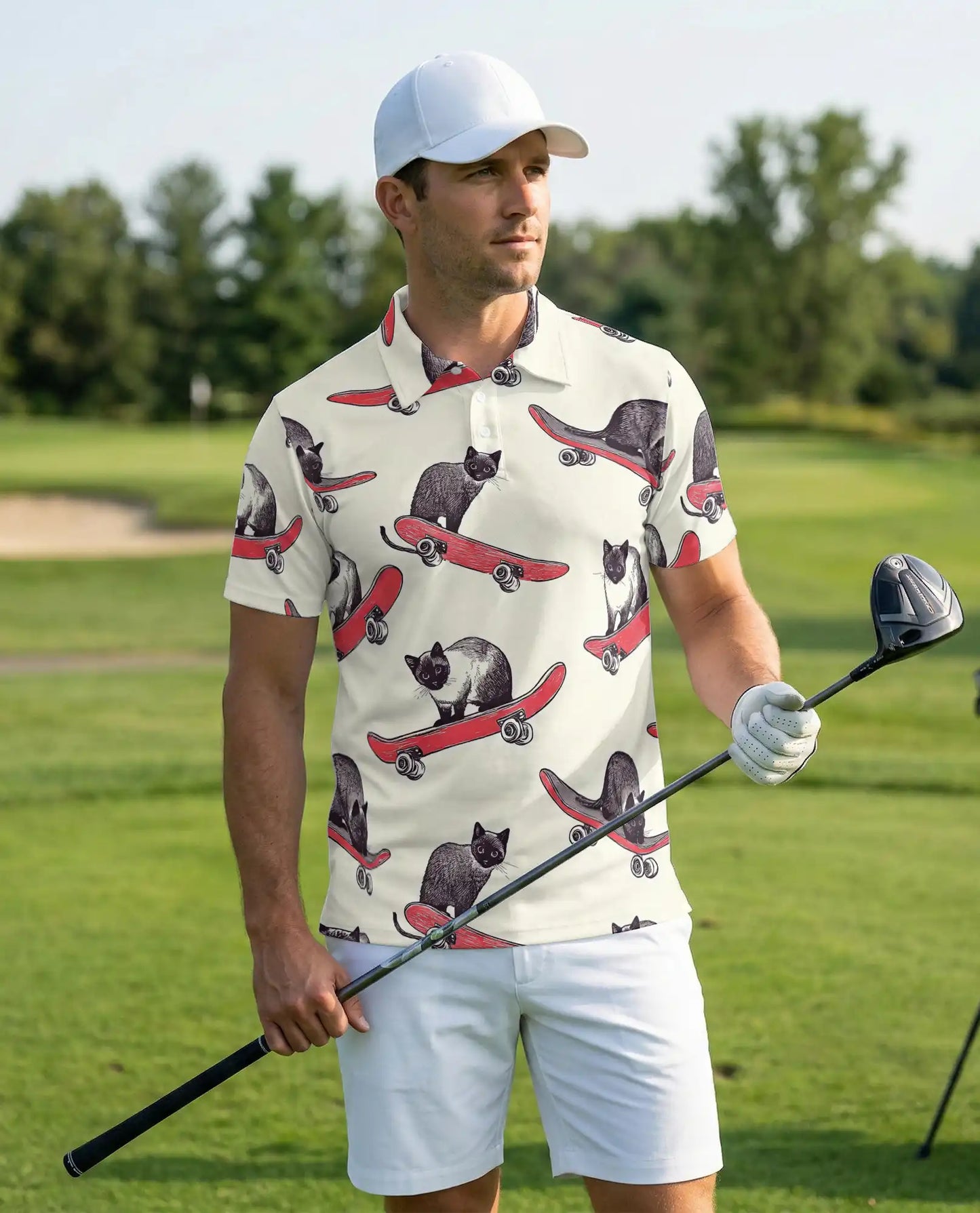 Skateboarding Cat Polo Shirt, Funny Cat Print | Azhawaiian