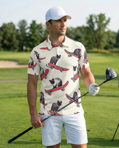Skateboarding Cat Polo Shirt, Funny Cat Print | Azhawaiian