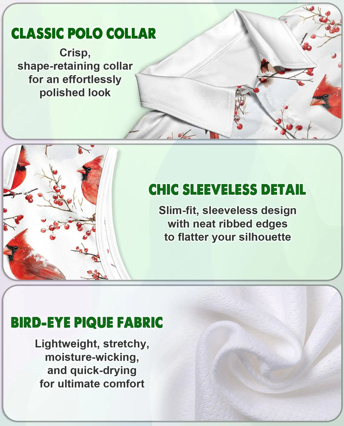 Cardinal Bird Sleeveless Polo Shirt for Women, Elegant Wildlife Nature Style
