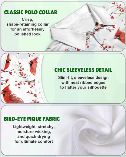 Cardinal Bird Sleeveless Polo Shirt for Women, Elegant Wildlife Nature Style