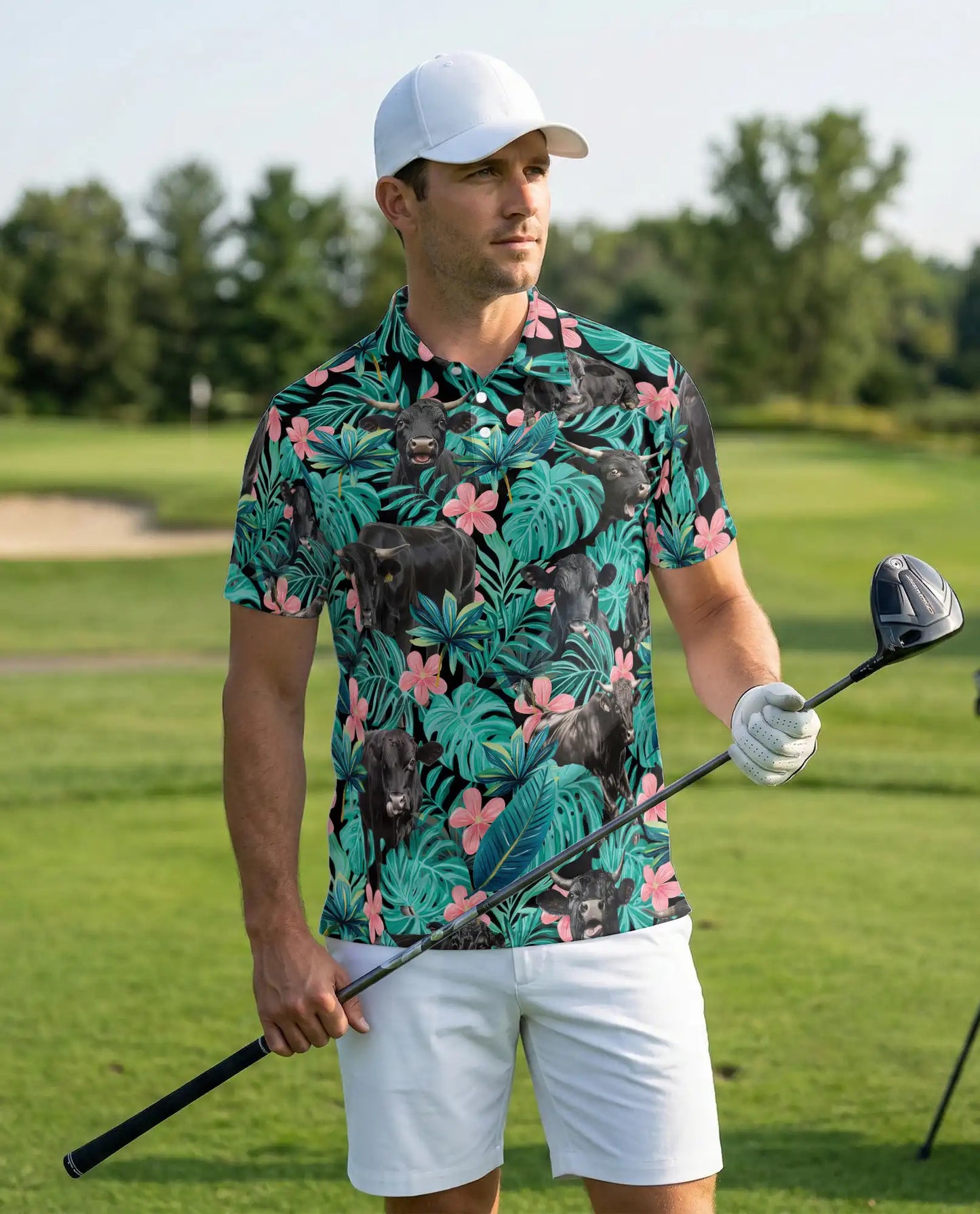Black Cow Tropical Floral 3D Polo Shirt for Men, Hawaiian Farm Animal Style | Azhawaiian