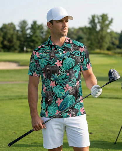 Black Cow Tropical Floral 3D Polo Shirt for Men, Hawaiian Farm Animal Style | Azhawaiian