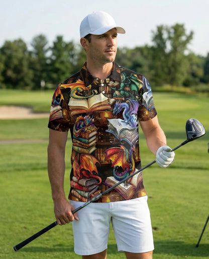 Fantasy Dragon Library 3D Polo Shirt for Men, Magical Book Art Style | Azhawaiian