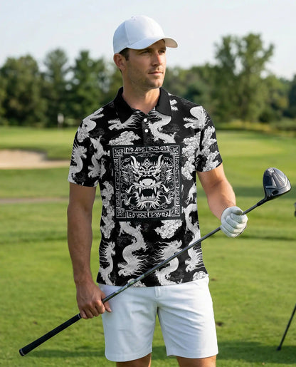 Black White Dragon 3D Polo Shirt for Men, Oriental Mythical Art Style | Azhawaiian